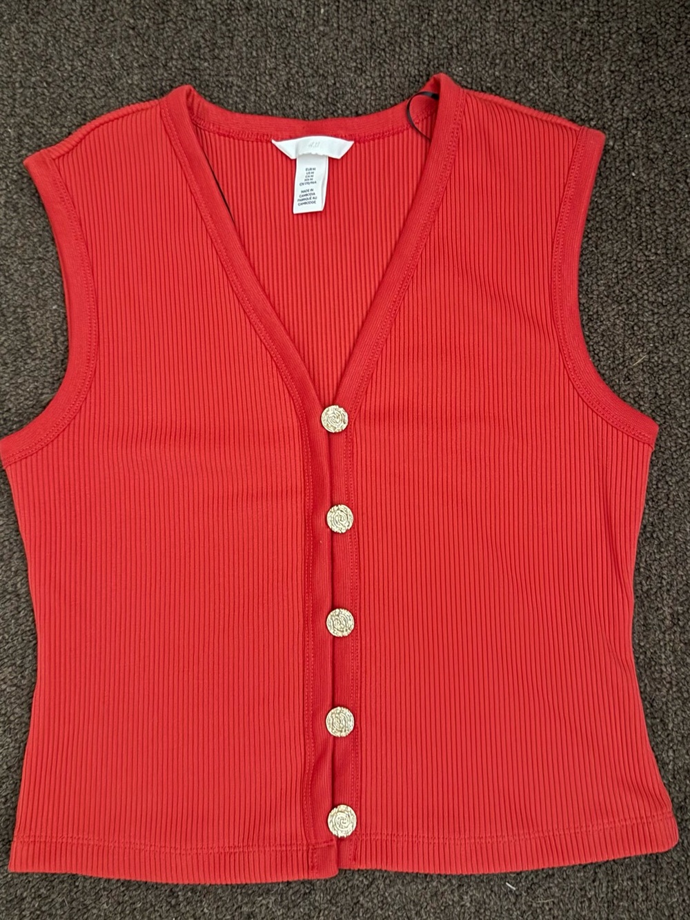H&M Red Ribbed Button Front Vest Top with Gold Buttons – Size M